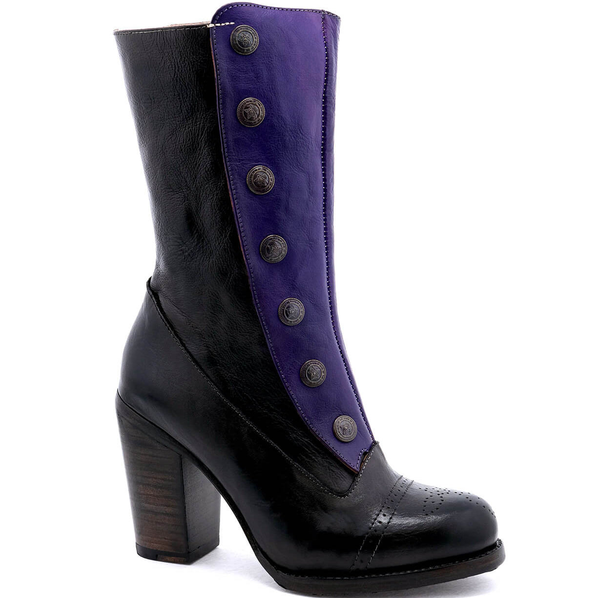 A pair of black and purple Oak Tree Farms Amelia boots with buttons.