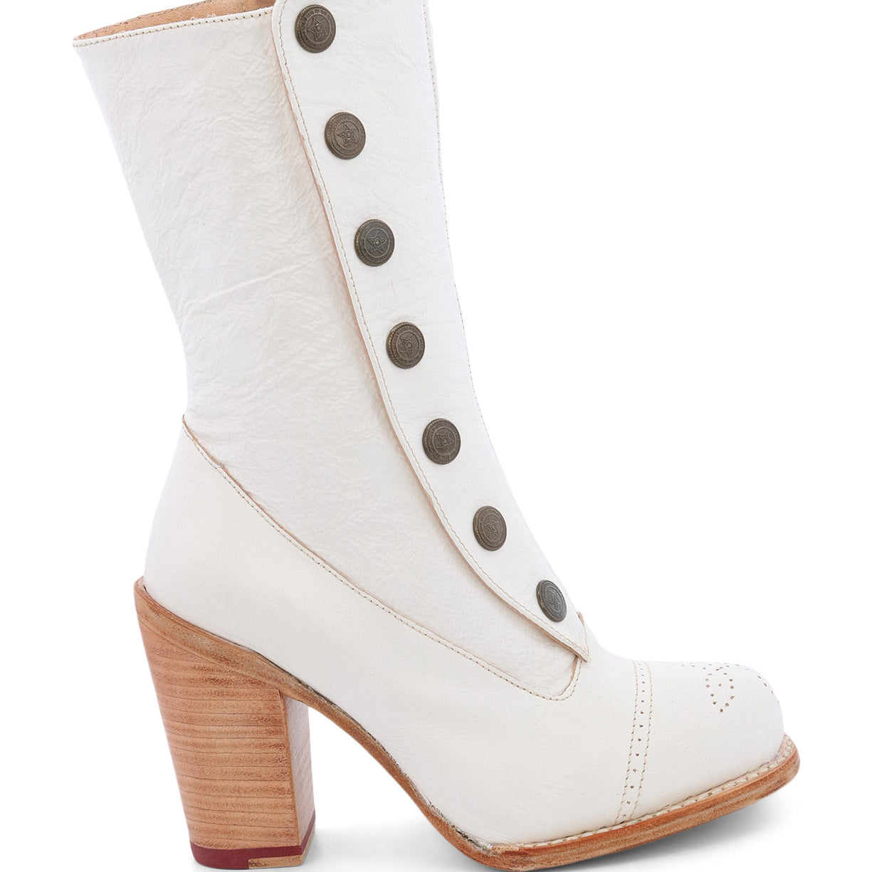 An Oak Tree Farms women's white ankle boot with wooden buttons in a two-tone color named Amelia.