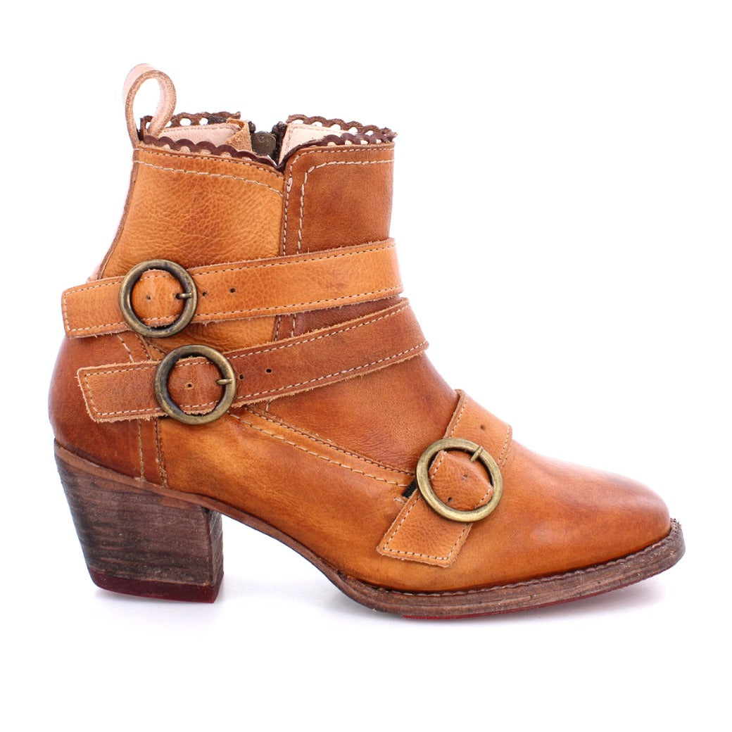 A VIP list-worthy Bady women's tan leather ankle boot with two buckles, made from real leather by Oak Tree Farms.