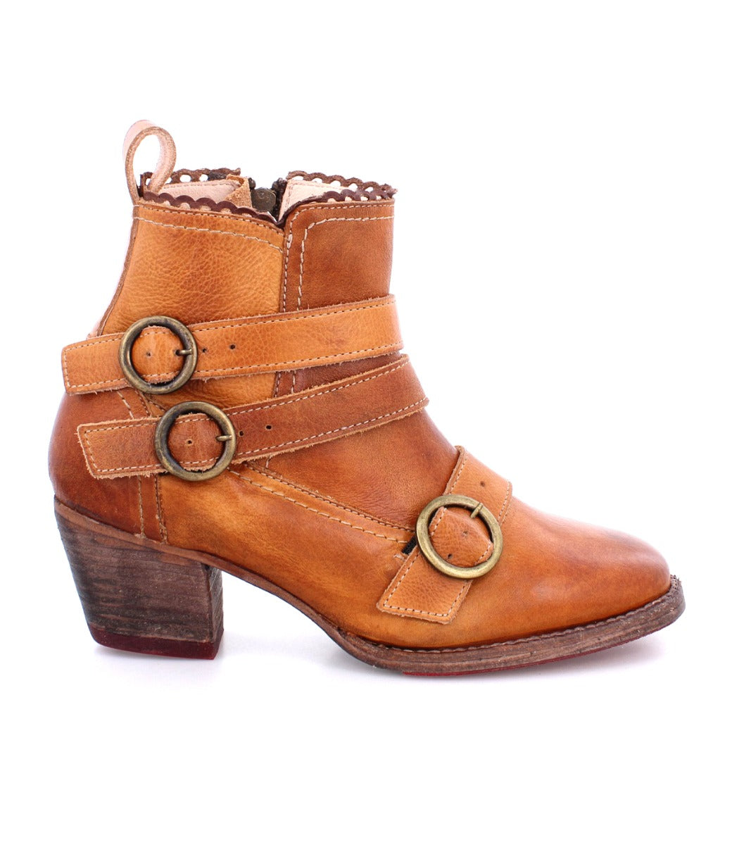 A VIP list-worthy Bady women's tan leather ankle boot with two buckles, made from real leather by Oak Tree Farms.