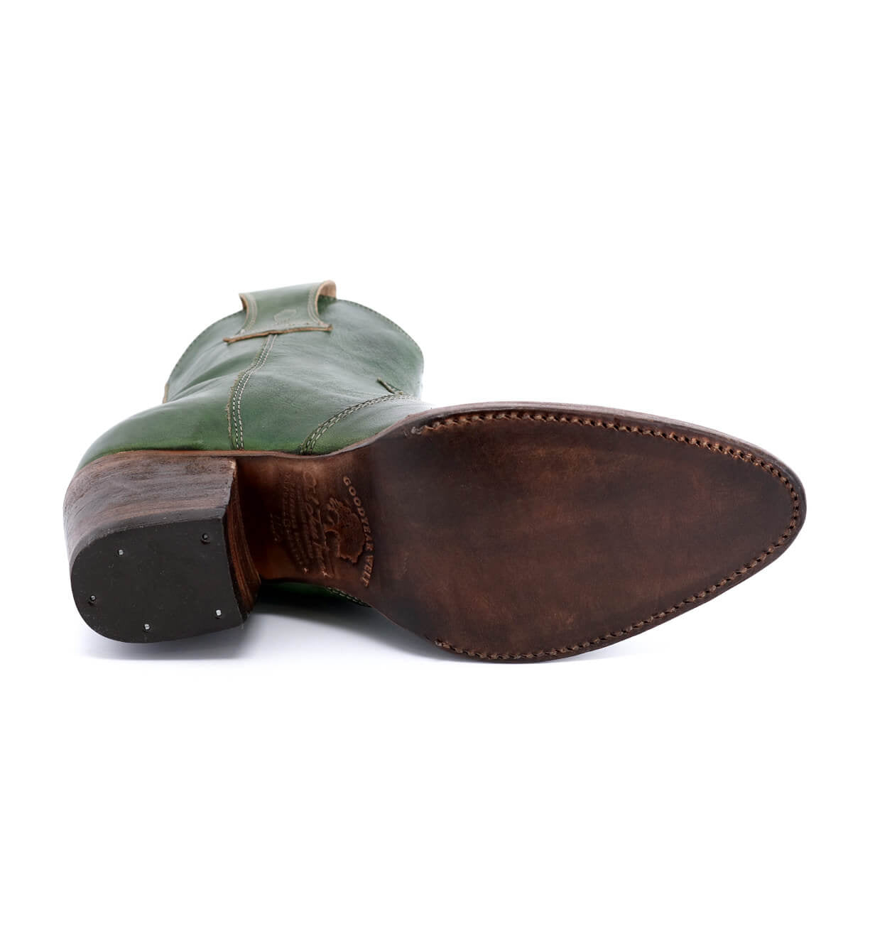 A pair of Baila green leather boots with Oak Tree Farms brown soles.