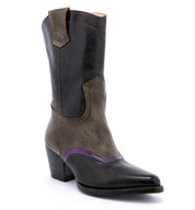 A women's black and purple Oak Tree Farms cowboy boot with a pointed toe, on a white background.