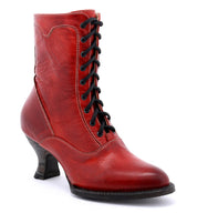 A hand-dyed women's red leather ankle boot with laces, crafted in an uncompromising quality reflecting Victorian style, named Eleanor by Oak Tree Farms.