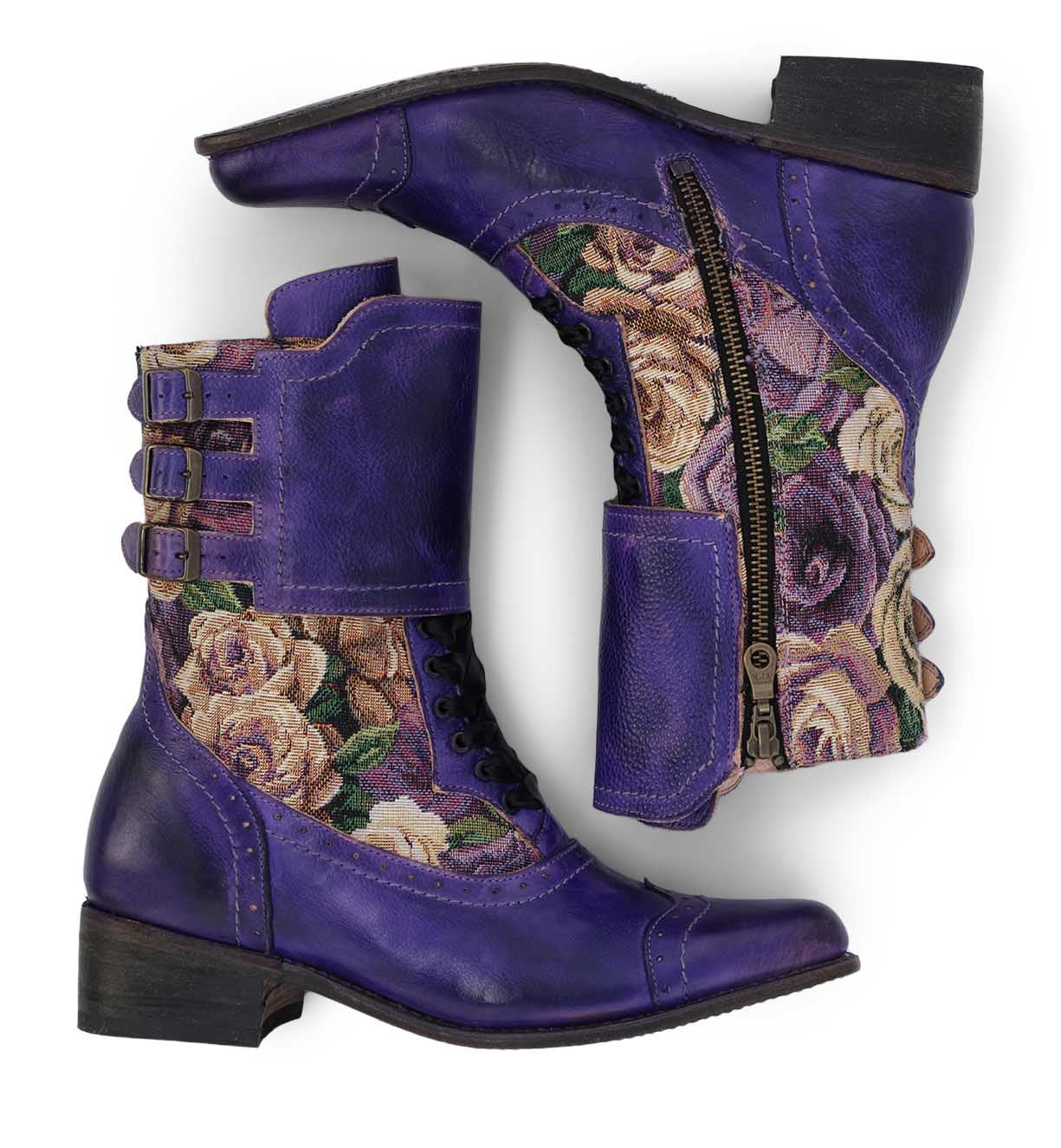 Exquisite craftsmanship meets beauty in this pair of Oak Tree Farms Faye purple leather boots adorned with roses.