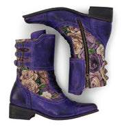 Exquisite craftsmanship meets beauty in this pair of Oak Tree Farms Faye purple leather boots adorned with roses.