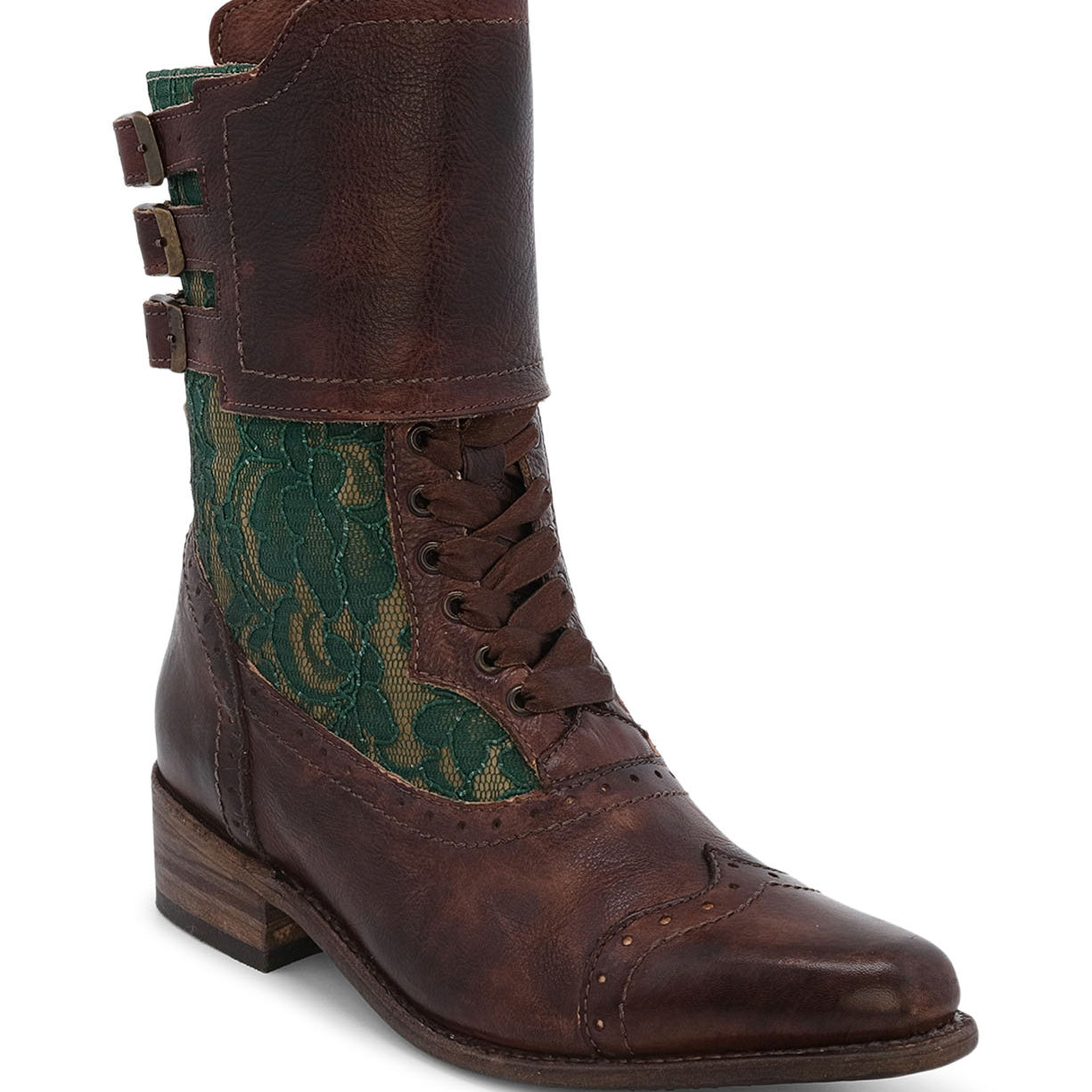A beautifully crafted Faye leather boot for women in a brown and green color with laces, by Oak Tree Farms.