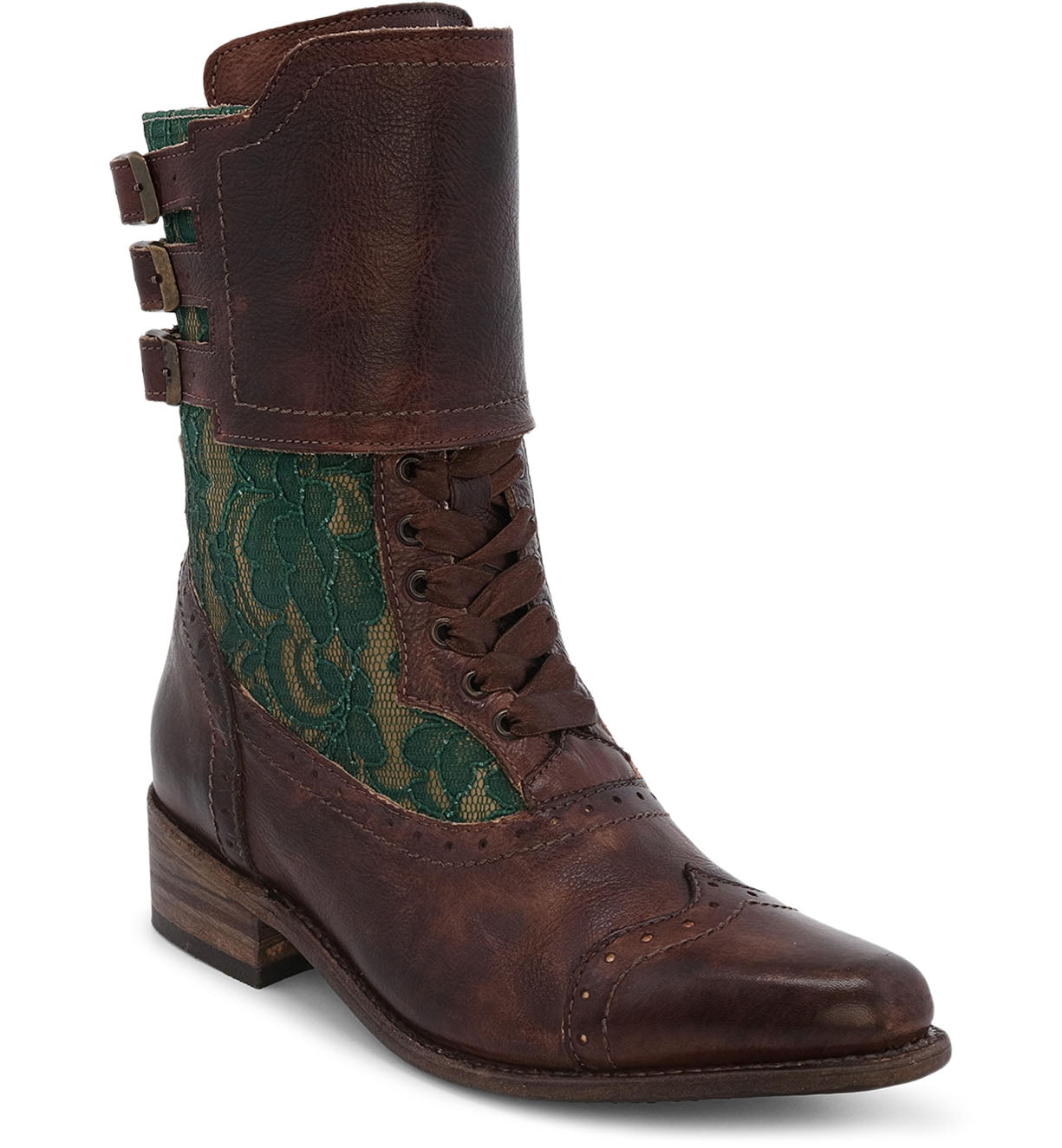 A beautifully crafted Faye leather boot for women in a brown and green color with laces, by Oak Tree Farms.