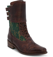 A beautifully crafted Faye leather boot for women in a brown and green color with laces, by Oak Tree Farms.