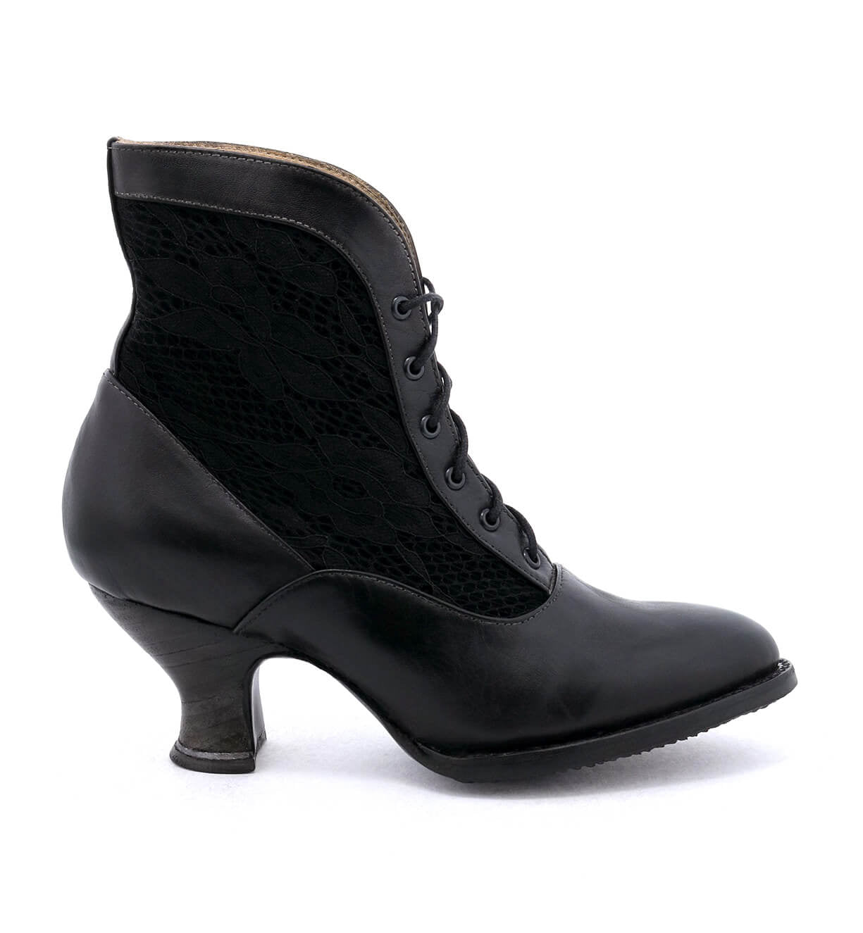 The Oak Tree Farms Jacquelyn ankle boot combines black rustic lace with a touch of romance for a stunning women's footwear option.