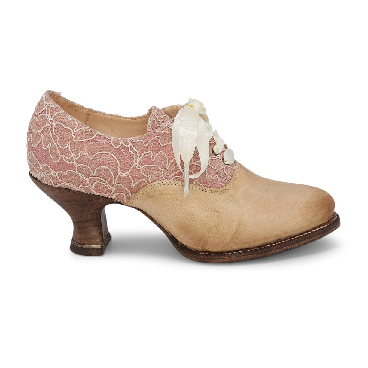 A women's lace-up leather shoe with a pink and white spooled heel, named Janet by Oak Tree Farms.