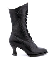 A hand crafted women's black leather boot with lace up detail, called Jasmine by Oak Tree Farms.