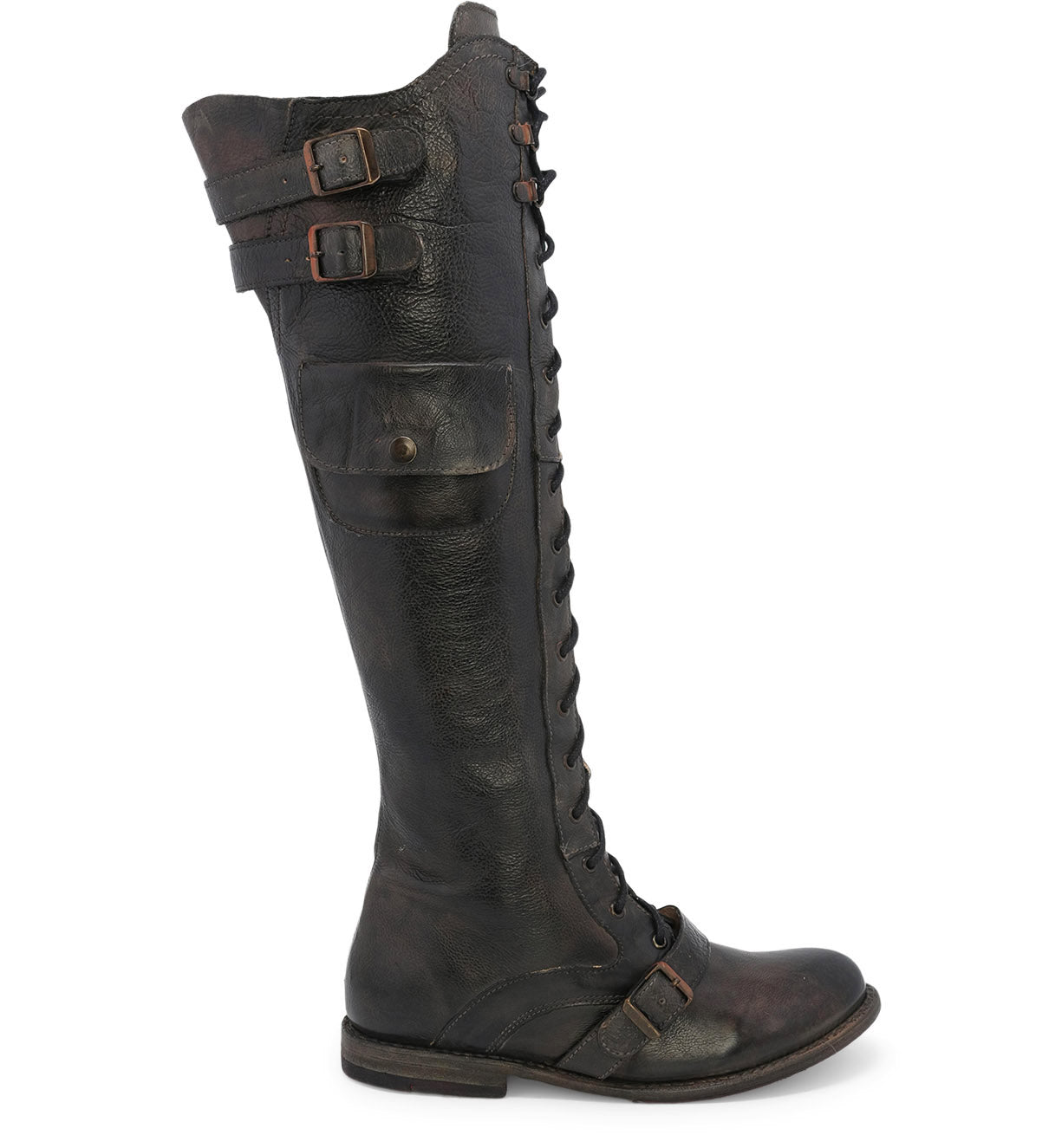 A women's black leather Oak Tree Farms Meryl boot with buckles and vegetable tanned leather.