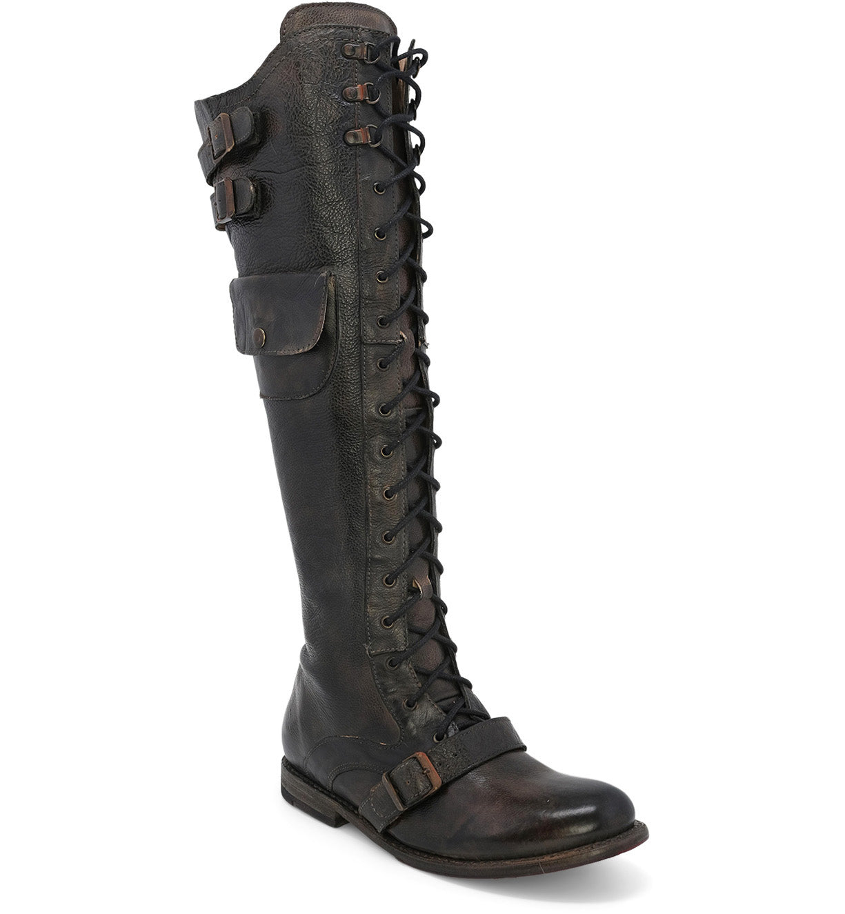 A women's black Meryl boot with buckles, made from vegetable tanned leather and featuring laces, by Oak Tree Farms.