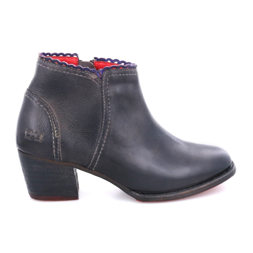 A women's Oak Tree Farms Mini black leather short boot with a stacked purple heel.
