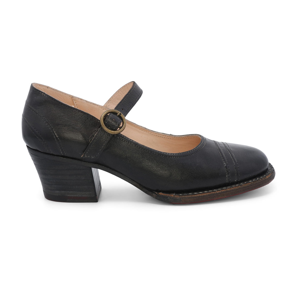 A women's black leather Mary Jane shoe with a buckle, Oak Tree Farms Twigley style.