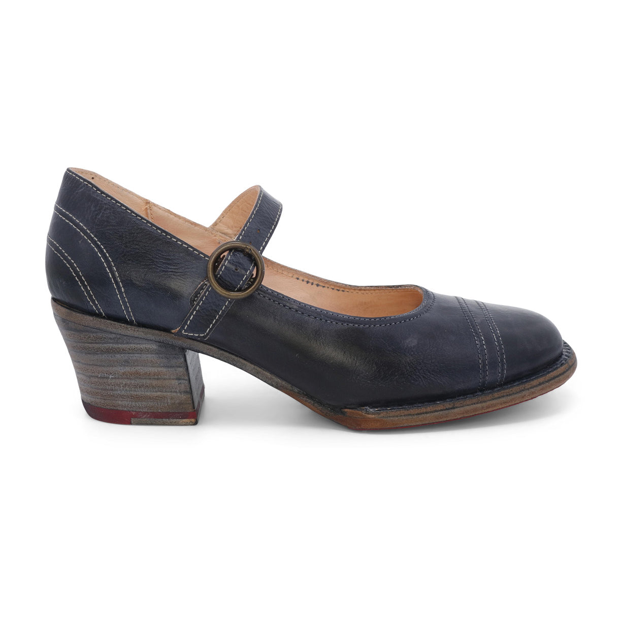 A women's blue mary jane shoe with a wooden heel in the Oak Tree Farms Twigley style.