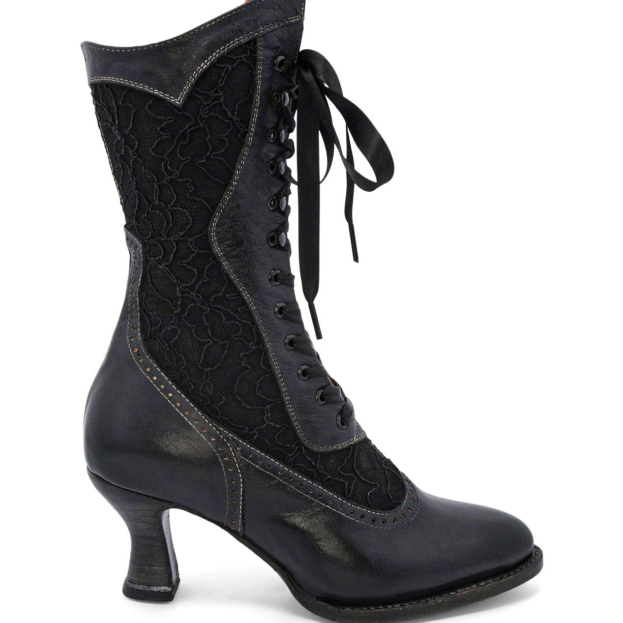A hand crafted Abigale black lace-up leather boot by Oak Tree Farms.