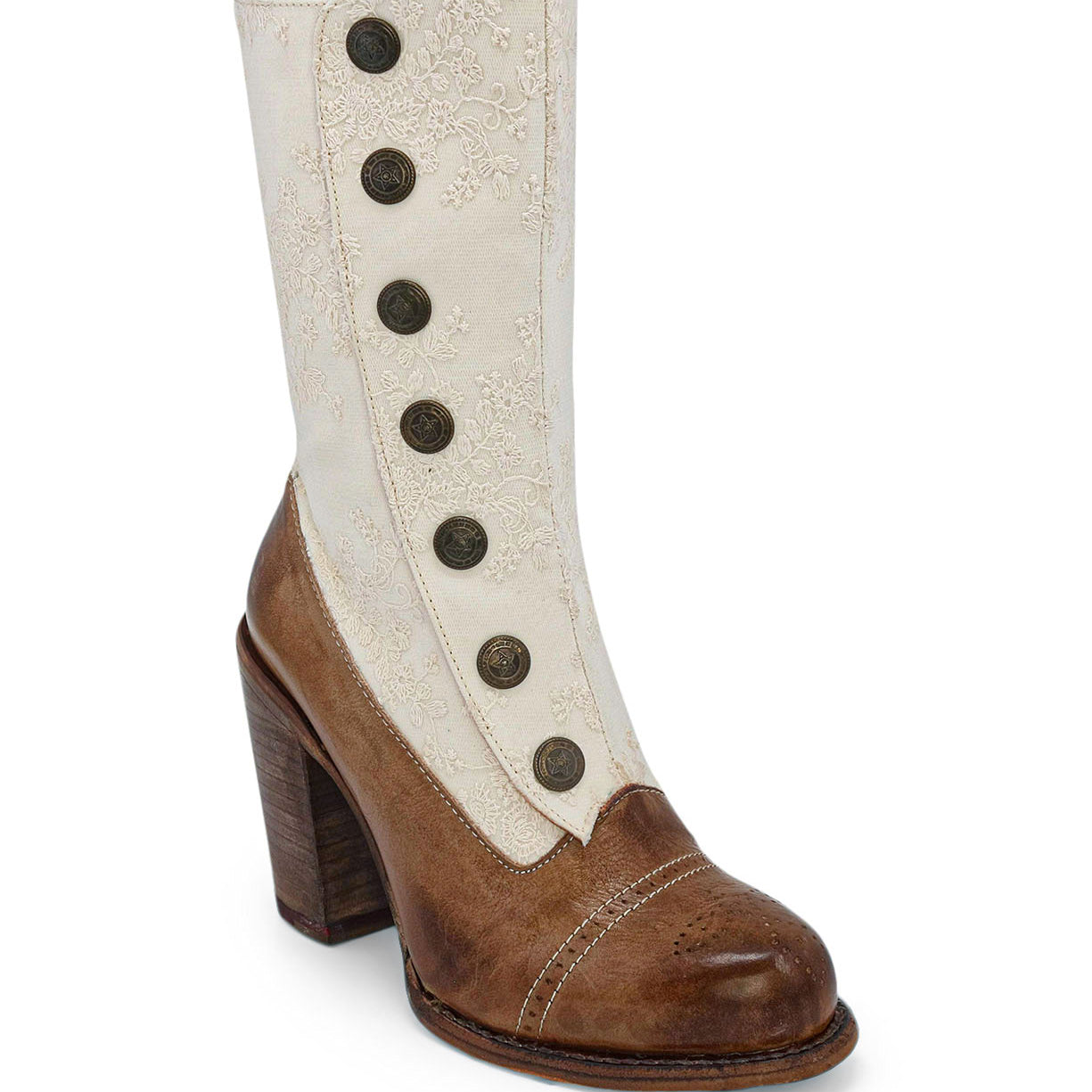 The Oak Tree Farms Amelia is a leather women's boot with buttons and a wooden heel.
