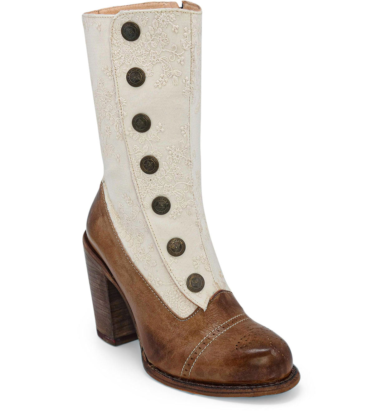 The Oak Tree Farms Amelia is a leather women's boot with buttons and a wooden heel.