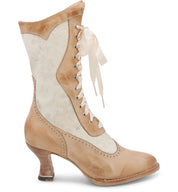 A charming women's Oak Tree Farms Abigale lace-up leather boot in beige and white, featuring intricate and delightful details.