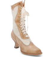 A charming women's Abigale lace up leather boot in beige and white with handmade detailing by Oak Tree Farms.