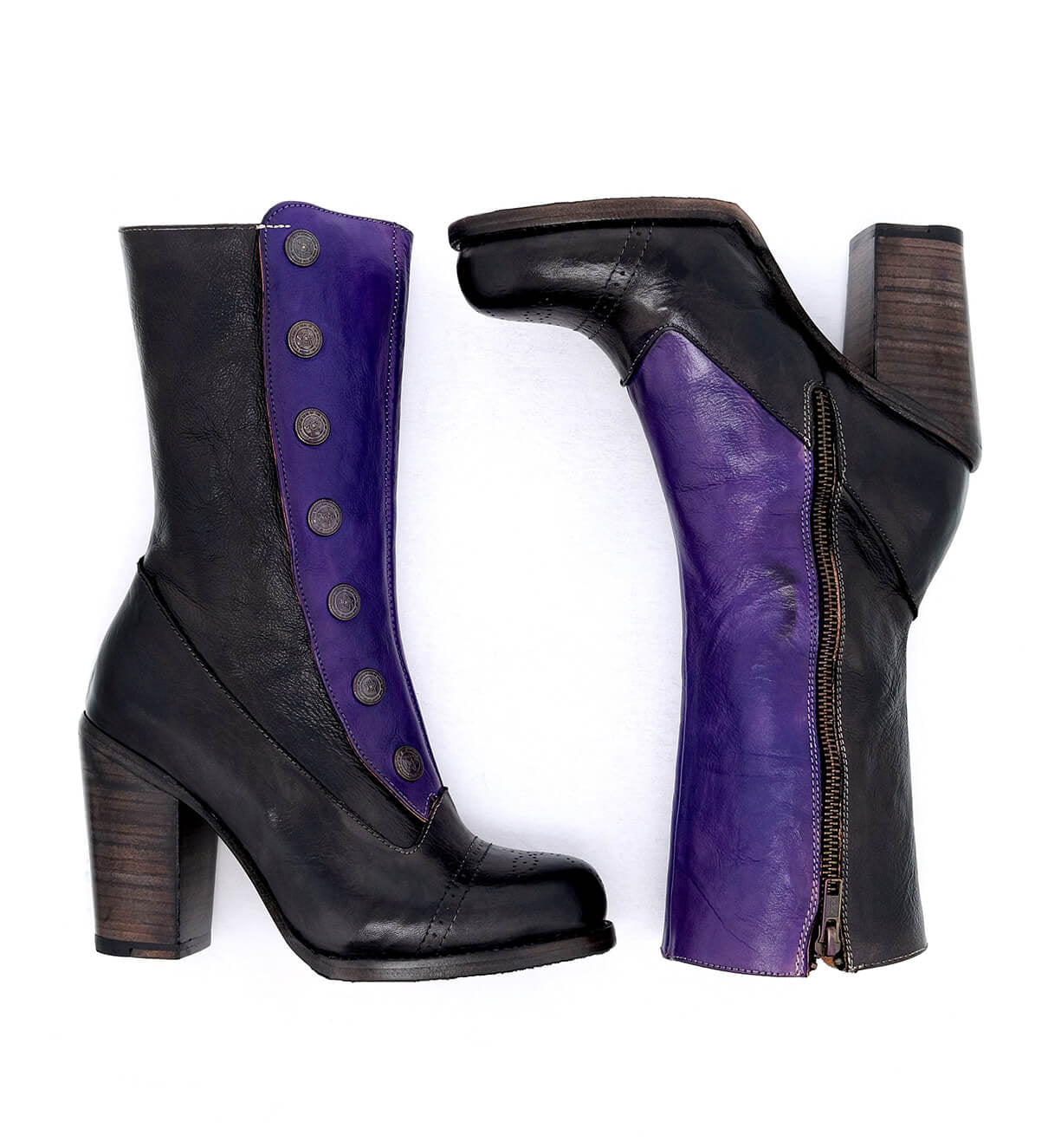 A pair of black and purple two-tone color Amelia boots from Oak Tree Farms on a white background.