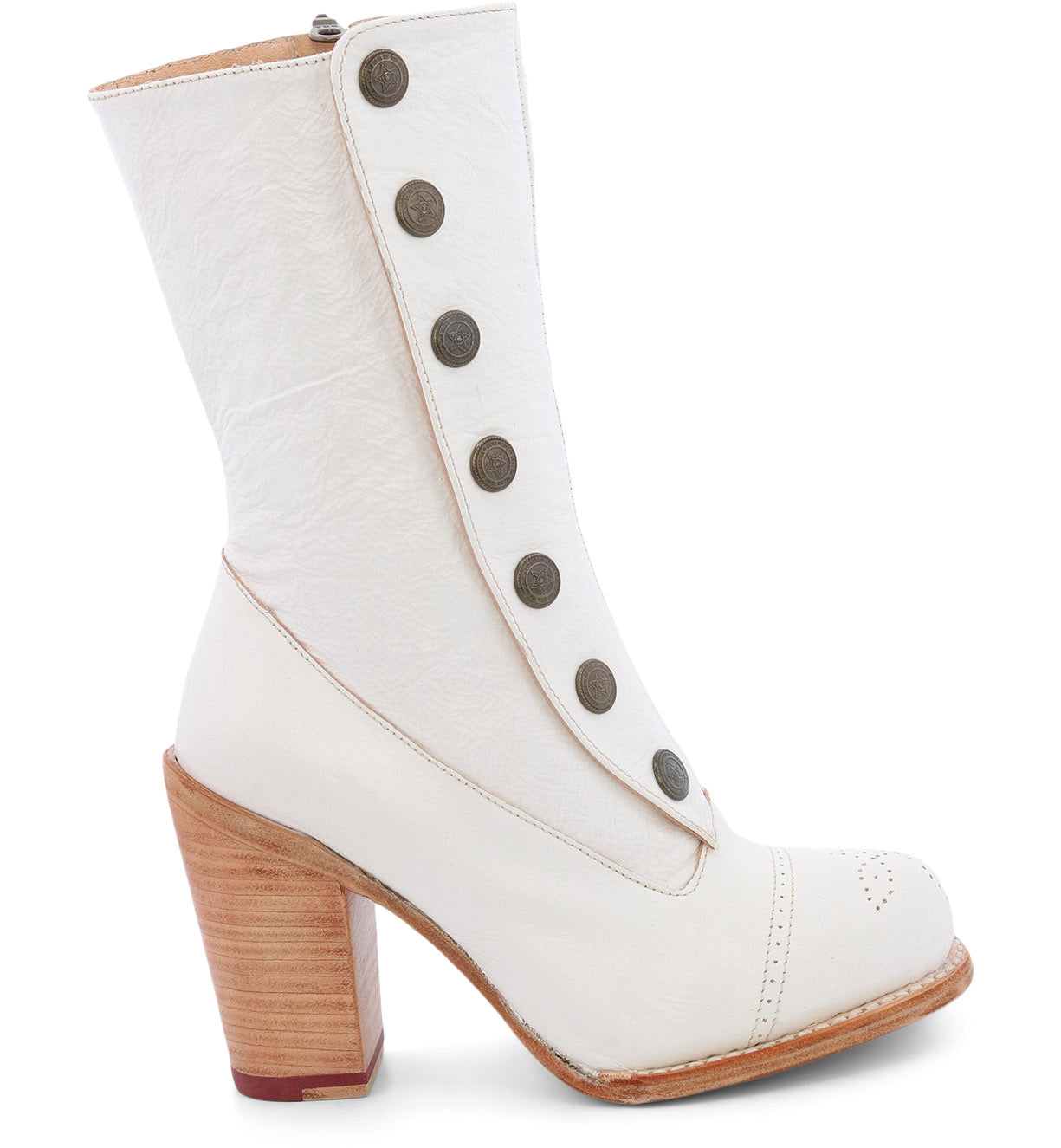 An Oak Tree Farms women's white ankle boot with wooden buttons in a two-tone color named Amelia.