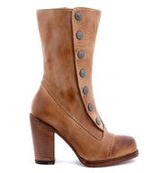 An Amelia Oak Tree Farms steampunk-inspired women's tan ankle boot with wooden buttons and a full grain leather upper.