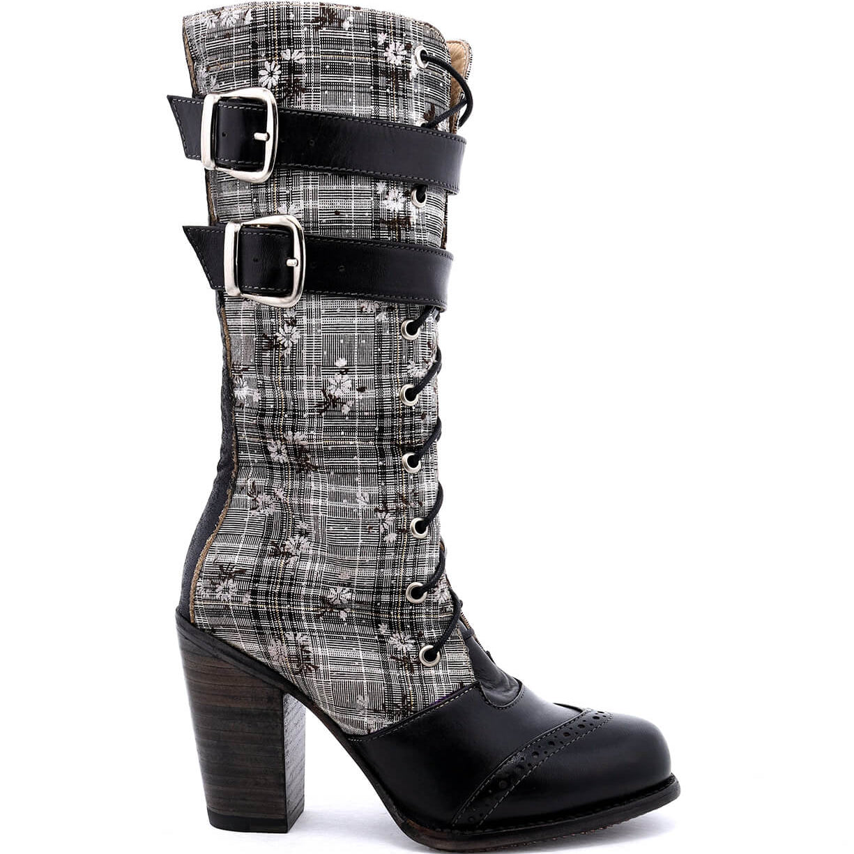 A pair of Oak Tree Farms Arabella black leather boots with buckles featuring a whimsical print.