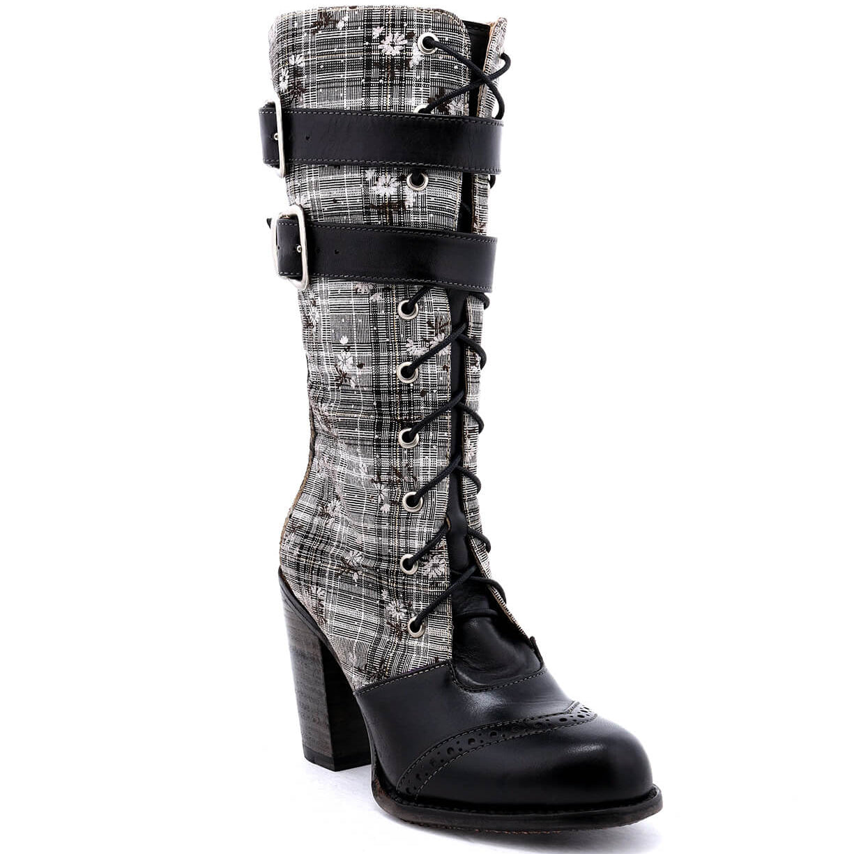A whimsical print women's Arabella black and grey plaid boot with buckles from Oak Tree Farms.