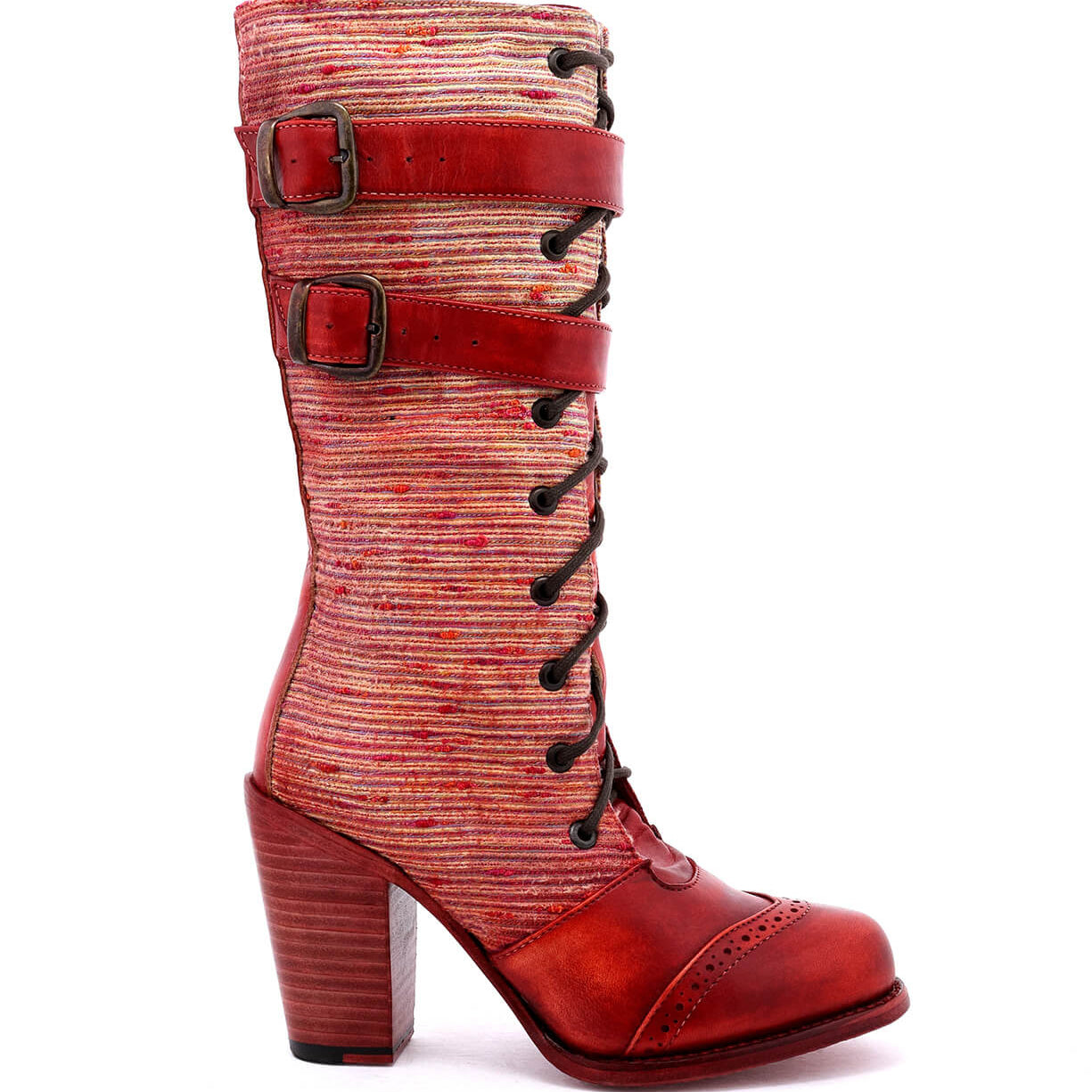 An Arabella by Oak Tree Farms, a whimsical print leather boot with a buckle that portrays a Victorian lady.
