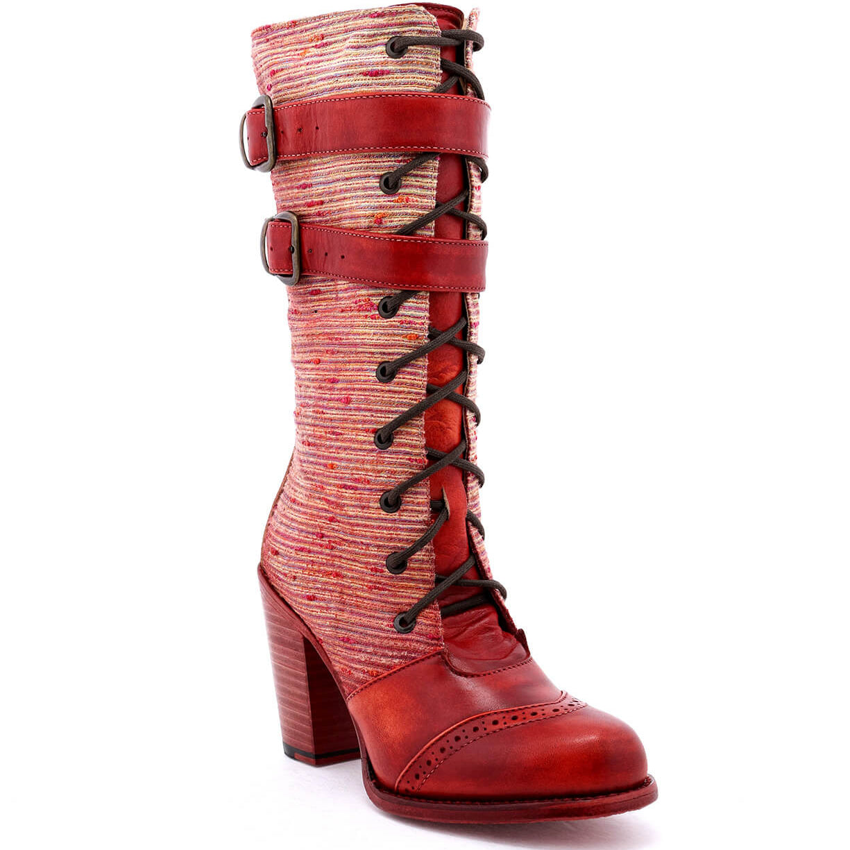 An Arabella women's red high heeled leather boot with a buckle and whimsical print from Oak Tree Farms.