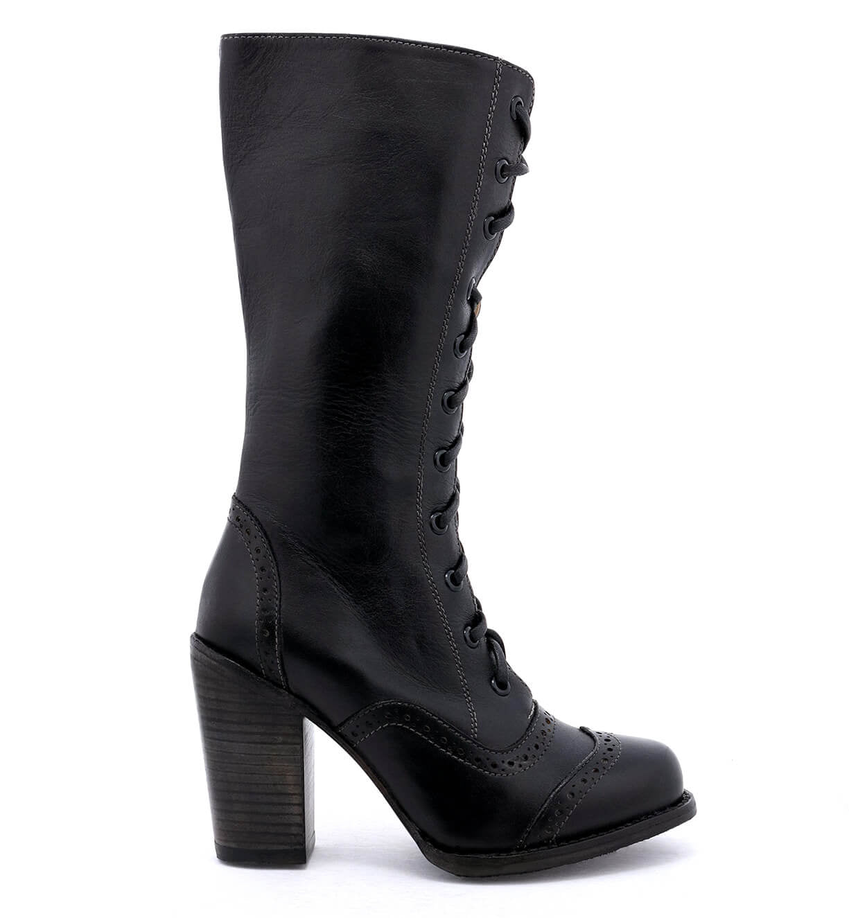 Ariana by Oak Tree Farms is a women's black leather boot with a lace detail on a white background.