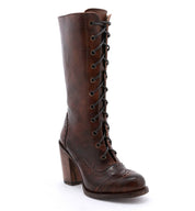 A women's Ariana lace-up leather boot with a wooden heel by Oak Tree Farms.