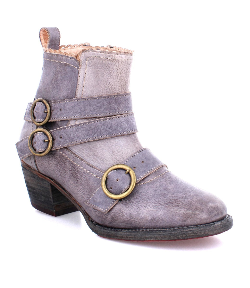 A women's Bady grey leather boot with two buckles, made of real leather from Oak Tree Farms.