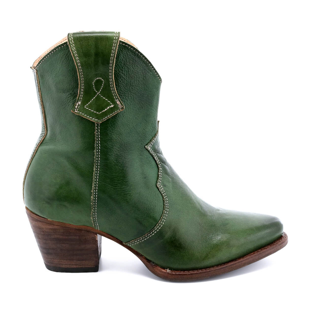 A green Baila cowboy boot with a wooden heel by Oak Tree Farms.