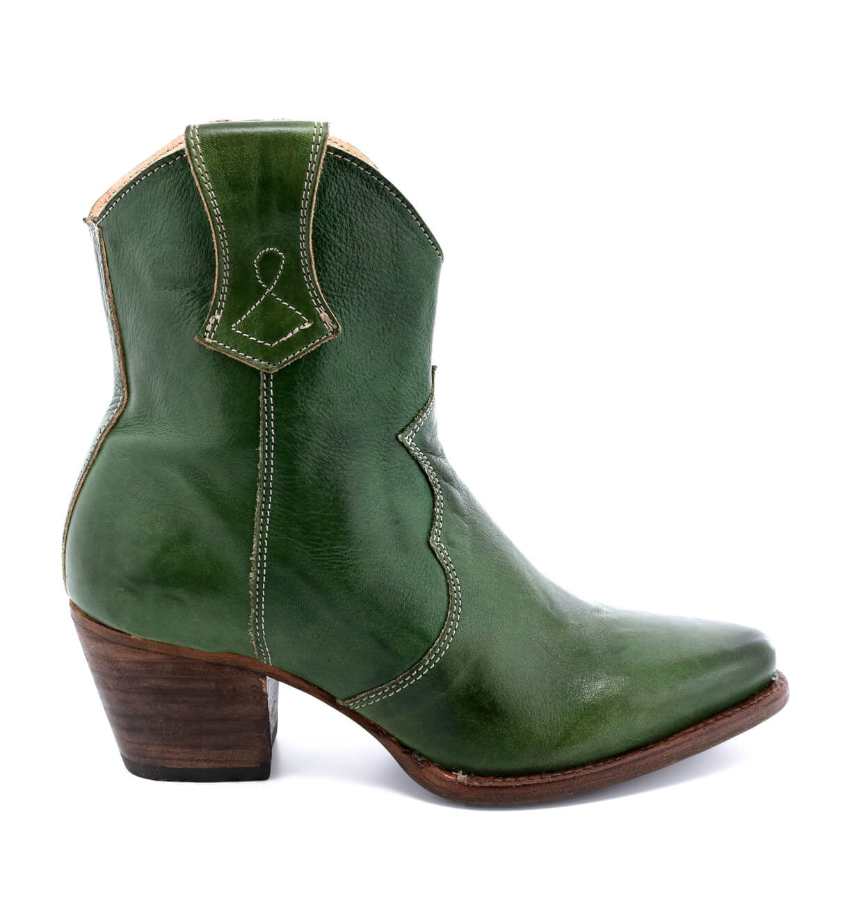 A green Baila cowboy boot with a wooden heel by Oak Tree Farms.