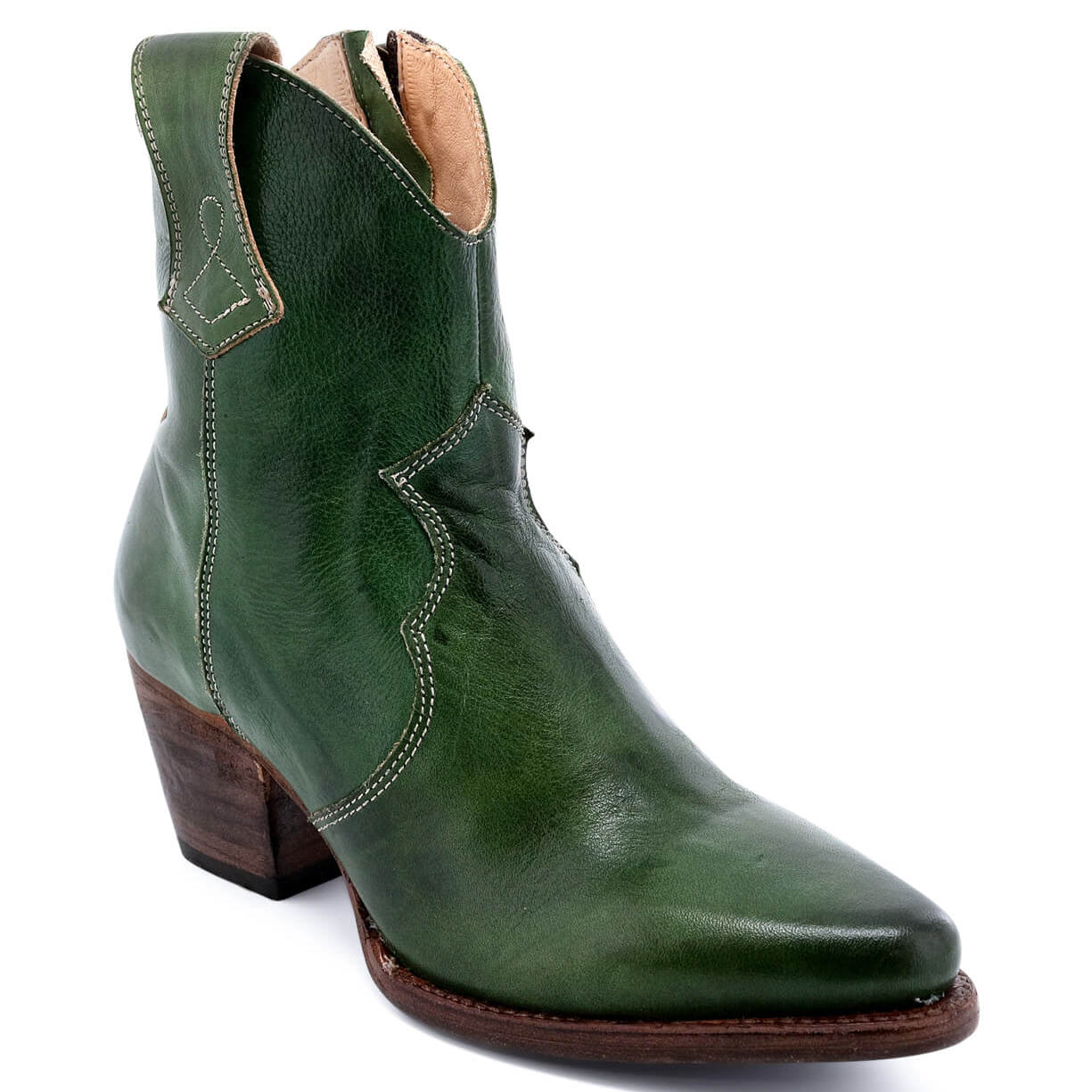 A green Baila cowboy boot with a wooden heel, made by Oak Tree Farms.