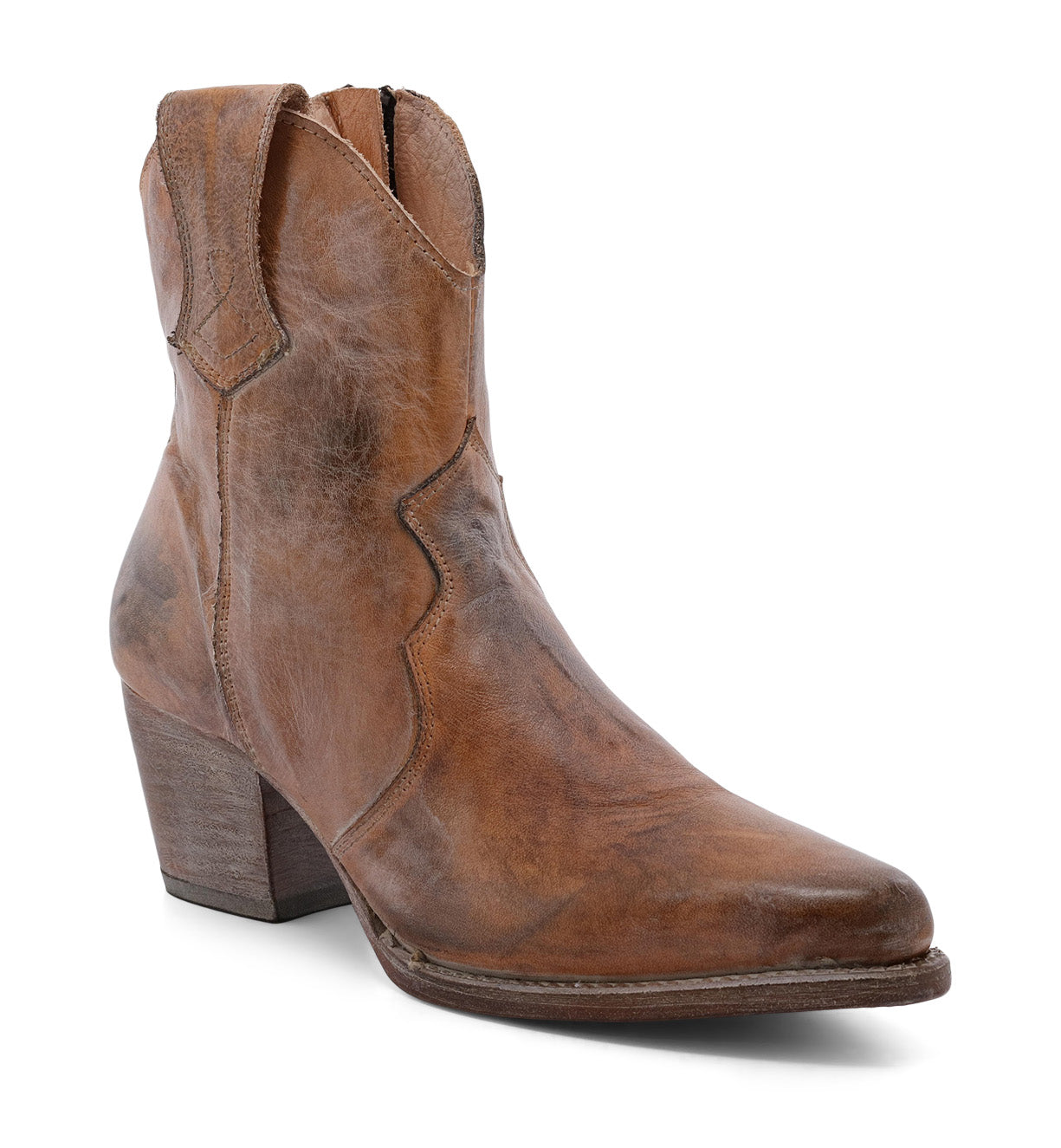 An Oak Tree Farms Baila women's tan cowboy boot with a wooden heel.