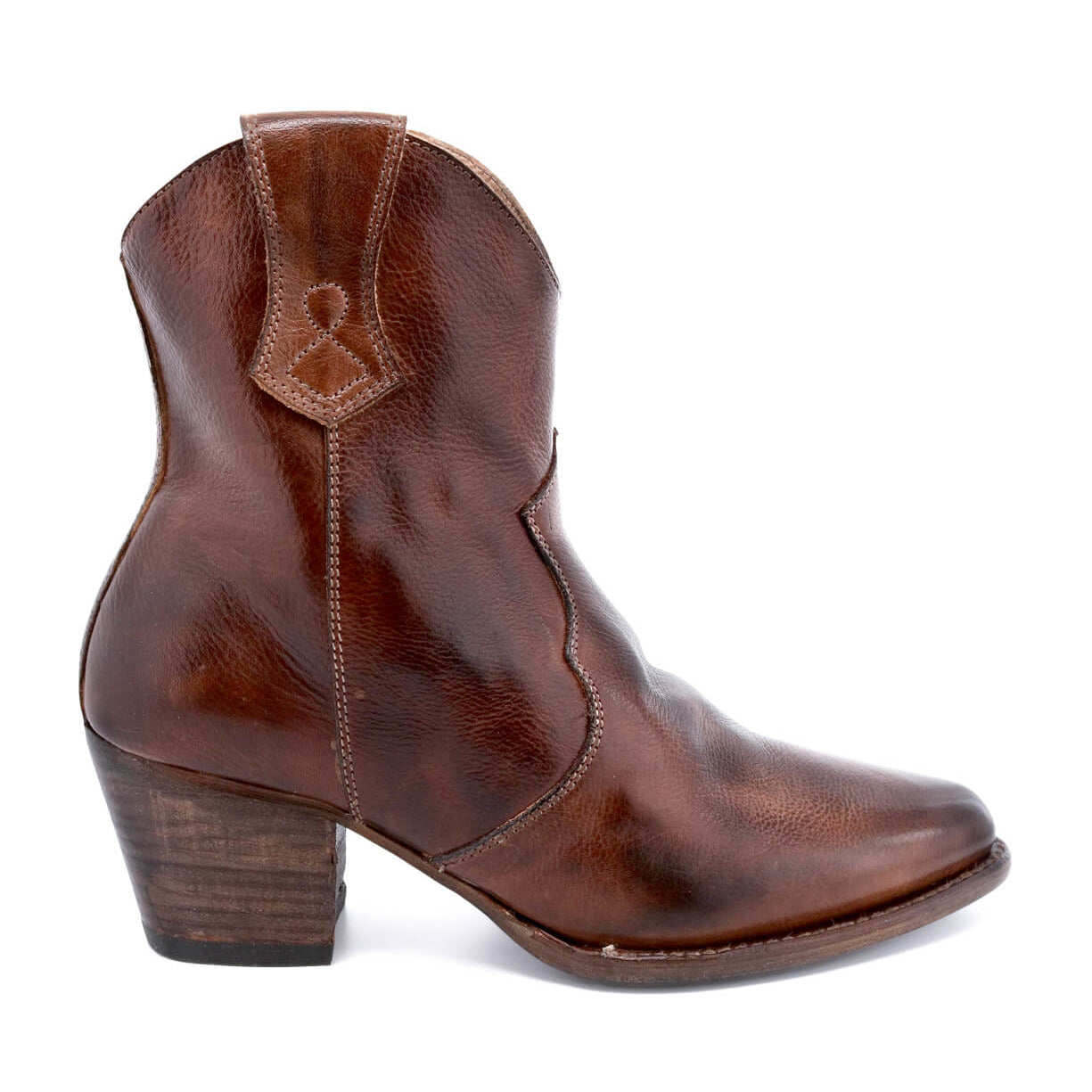 A women's Oak Tree Farms brown Baila cowboy boot with a wooden heel.