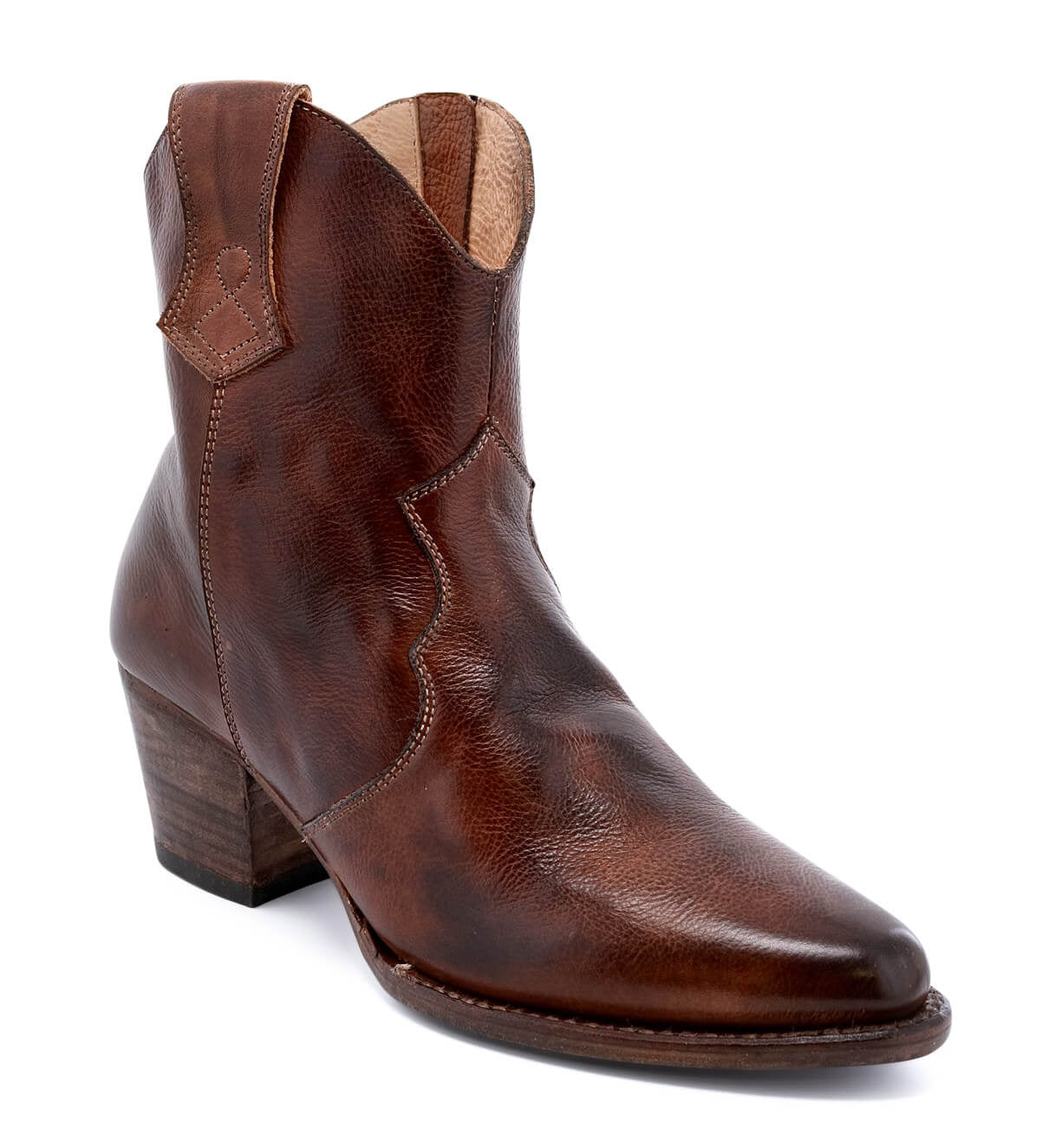 An Oak Tree Farms women's brown cowboy boot with a wooden heel.
