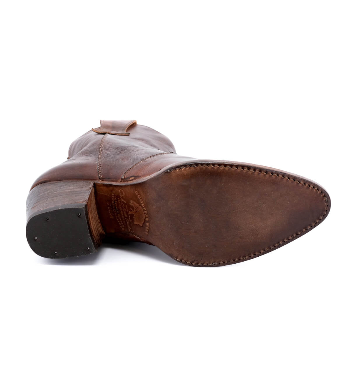 The side view of an Oak Tree Farms brown leather Baila boot.