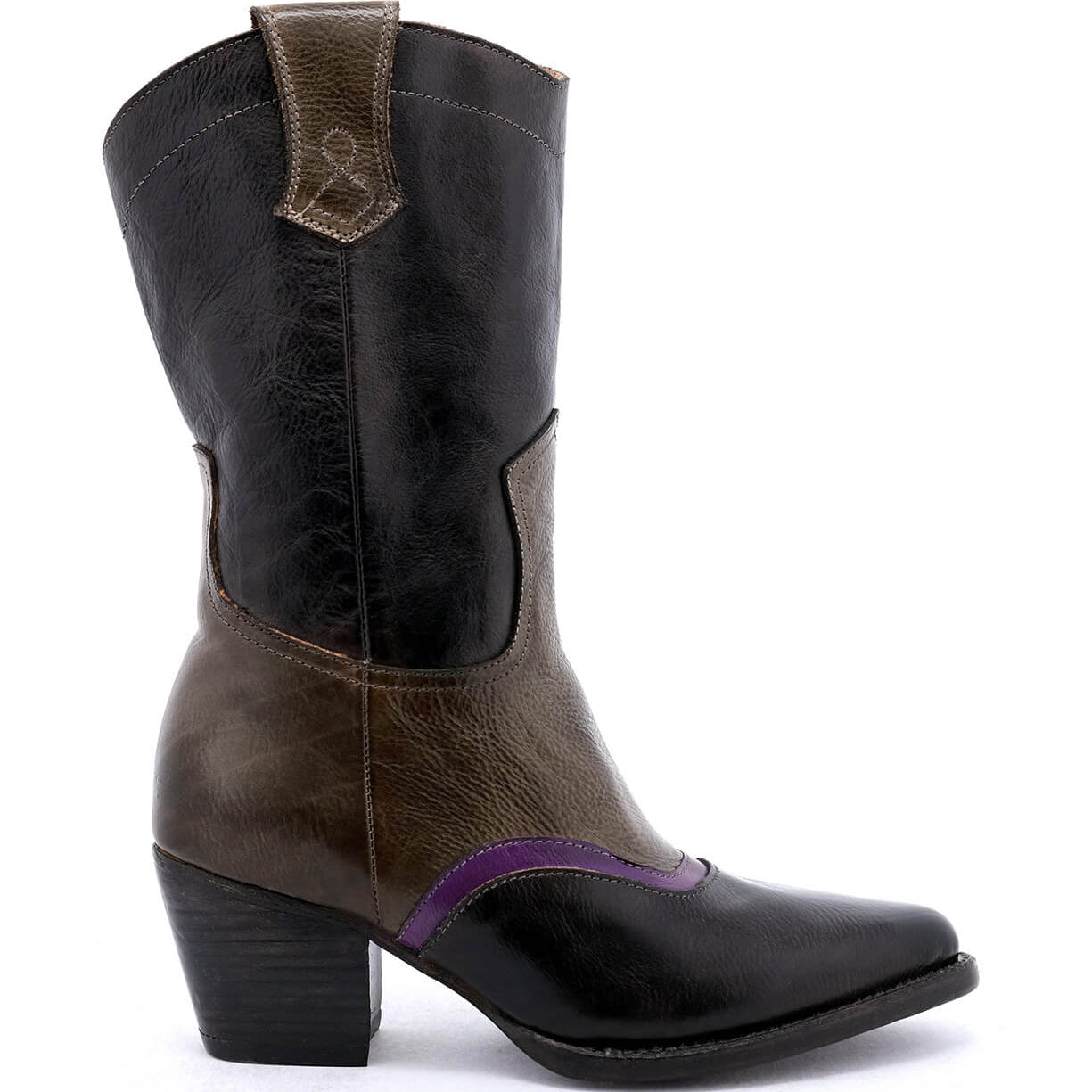 An Oak Tree Farms Basanti women's black and purple leather cowboy boot with a pointed toe on a white background.