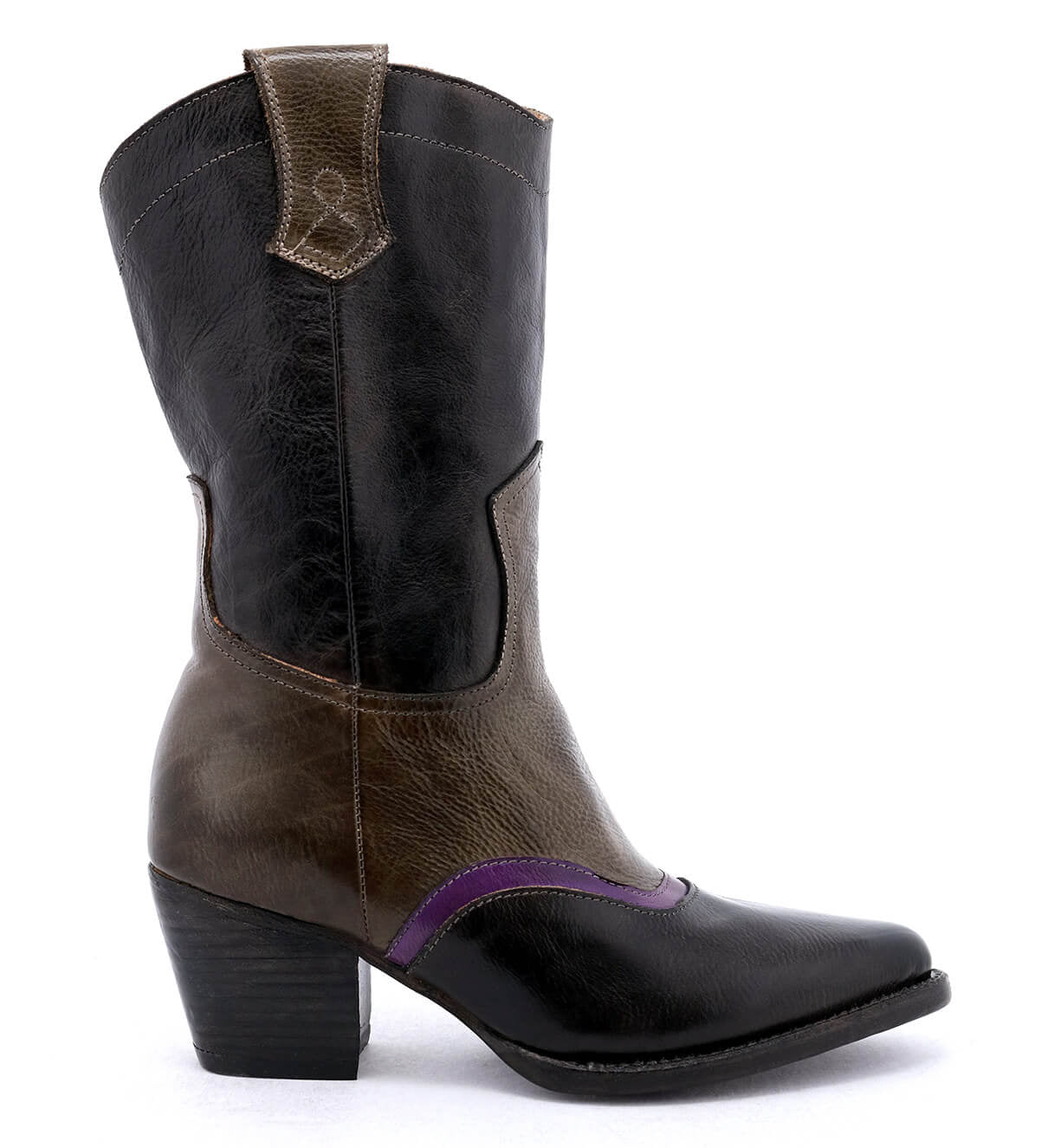 An Oak Tree Farms Basanti women's black and purple leather cowboy boot with a pointed toe on a white background.