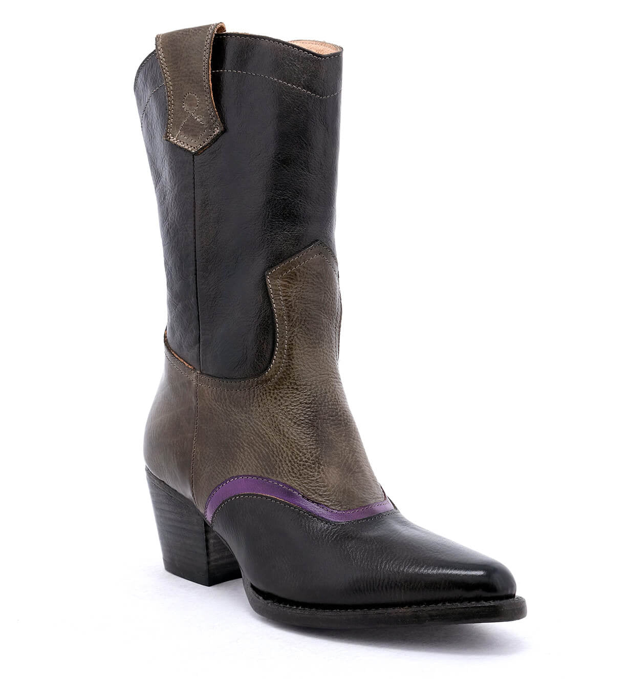 A women's black and purple Oak Tree Farms cowboy boot with a pointed toe, on a white background.