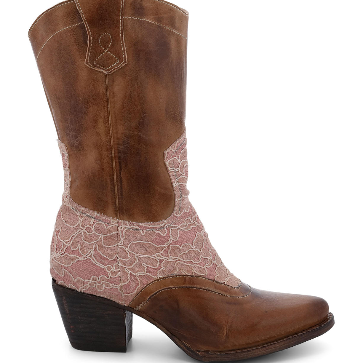 An Oak Tree Farms Basanti women's cowboy boot with pink lace.