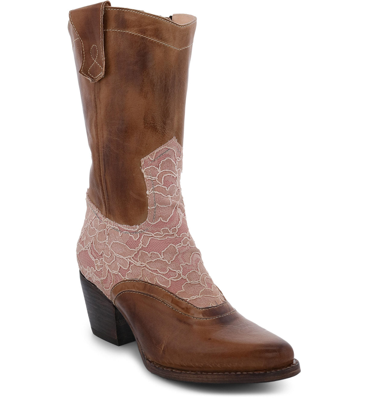 A Basanti women's hand tooled leather boot in brown with pink lace from Oak Tree Farms.