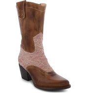 A Basanti women's hand tooled leather boot in brown with pink lace from Oak Tree Farms.