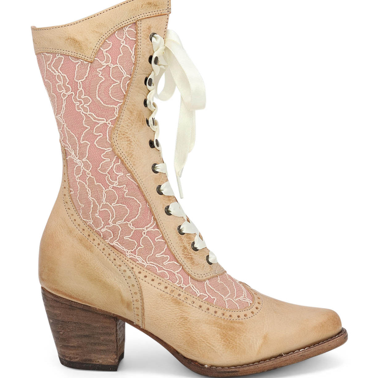 A women's lace-up black leather boot with a wooden heel called Biddy by Oak Tree Farms.