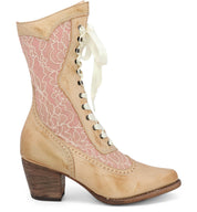 A women's lace-up black leather boot with a wooden heel called Biddy by Oak Tree Farms.